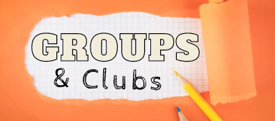 Groups and clubs on torn orange paper background with white grid and colored pencils